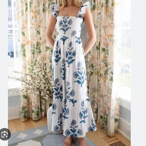 Smocked Square-Neck White Maxi Dress with Blue Floral Print